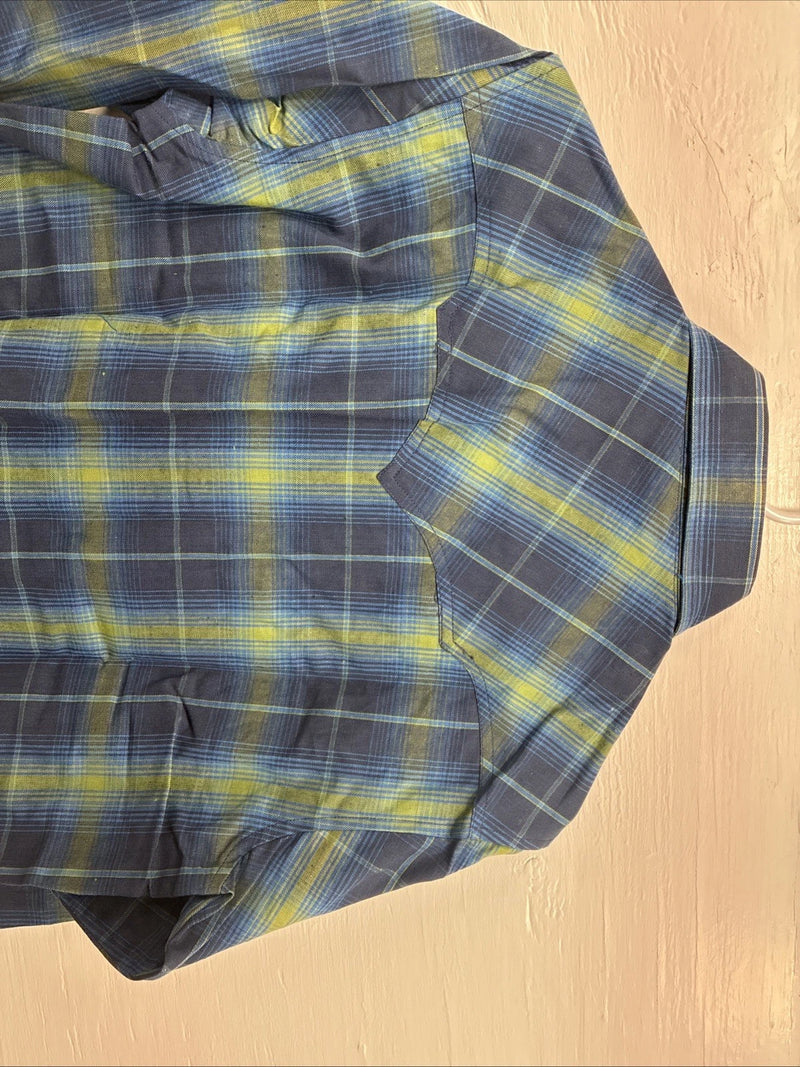 New Men’s Champion Westerns Blue Green Plaid Long Sleeve Pearl Snap Small R-22