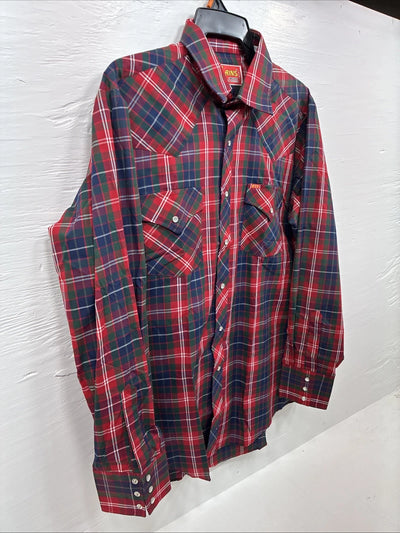 New Men’s ELY Plains Red Plaid Long Sleeve Pearl Snap 16.5 X 35 Large K-78