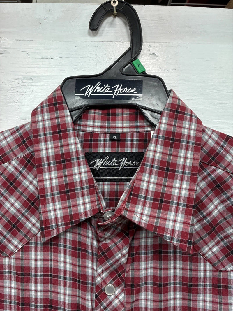 New Men’s White Horse Red Plaid Long Sleeve Western Pearl Snap XL J-39