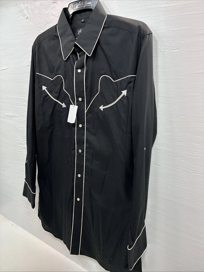 New Men’s White Horse Black Western Long Sleeve Pearl Snap Medium V-5