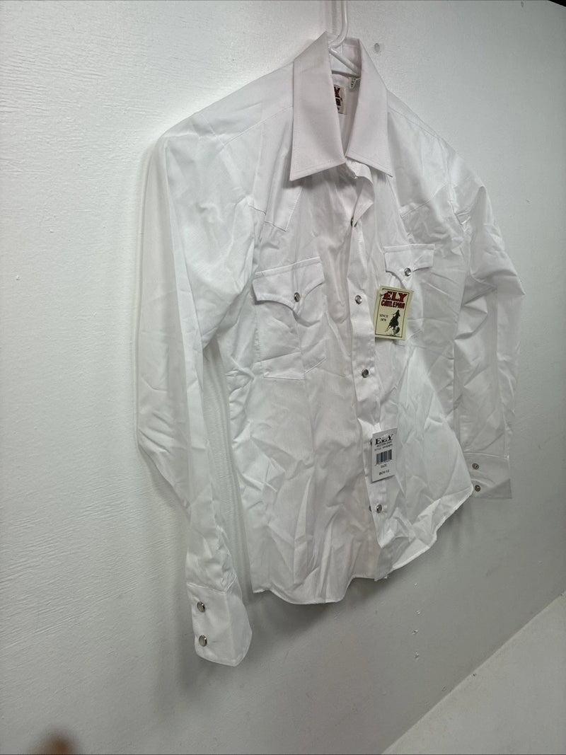 New Boys ELY Cattleman White Long Sleeve Pearl Snap Size 12 DD-110 