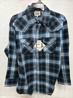 New Men’s ELY Cattleman Blue Black Plaid Long Sleeve Pearl Snap XL O-56