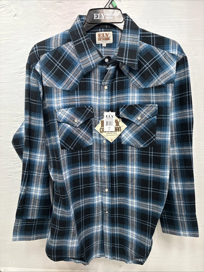 New Men’s ELY Cattleman Blue Black Plaid Long Sleeve Pearl Snap XL O-56