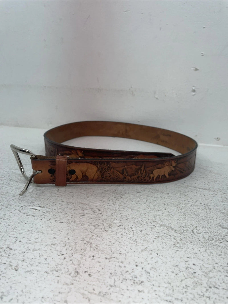 New Brown Genuine Leather Wildlife Tooled Belt 34” #6380 Z-7