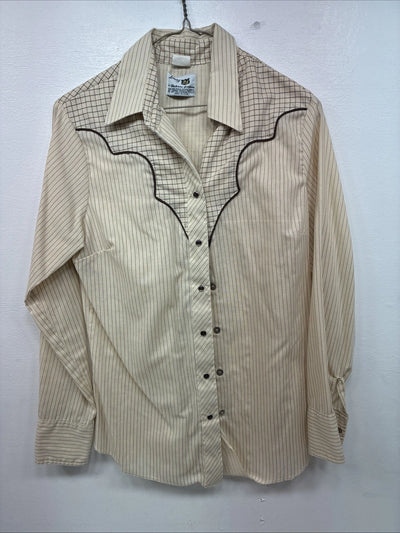 Me Women’s Dickson Jenkins Tan Stripe Long Sleeve Pearl Snap Size 34 KK-28