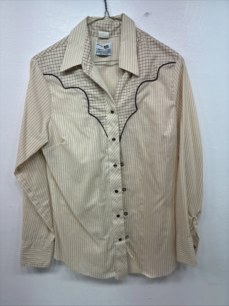Me Women’s Dickson Jenkins Tan Stripe Long Sleeve Pearl Snap Size 34 KK-28