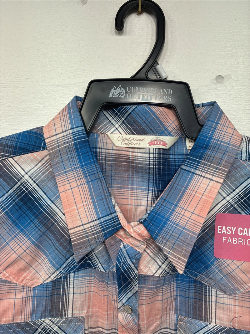 New Women’s Cumberland Pink Blue Plaid Long Sleeve Pearl Snap 3XL GG-47