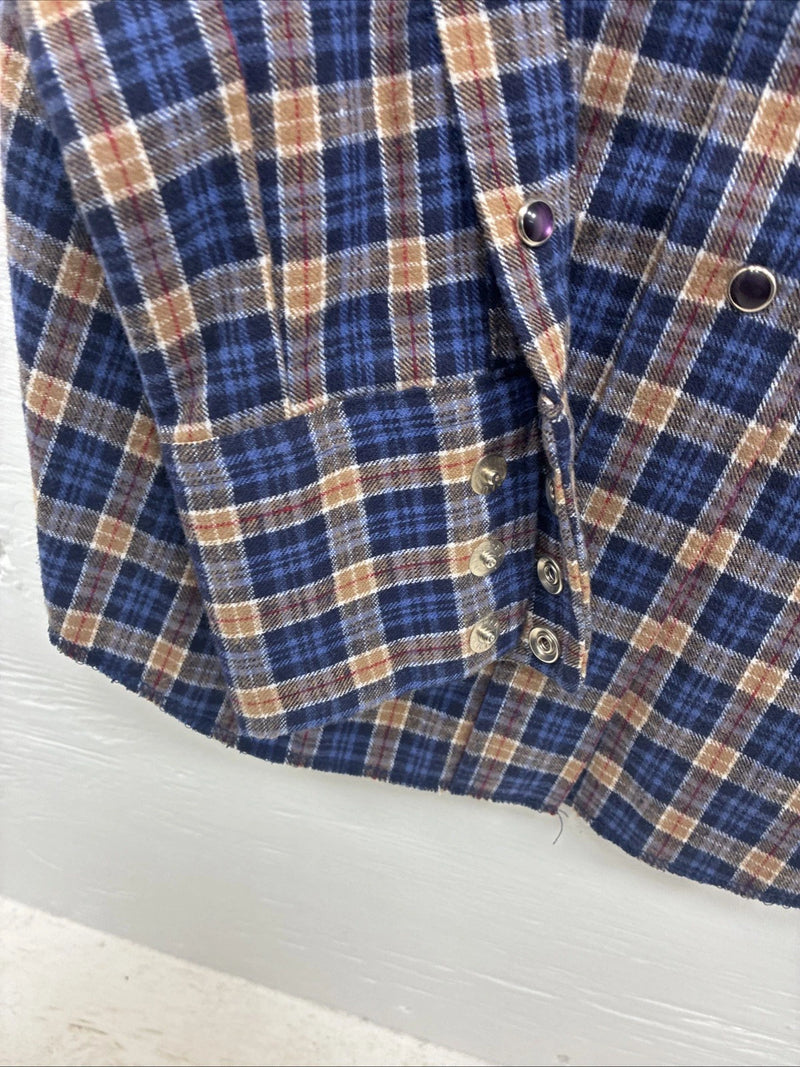 New Kids Panhandle Slim Blue Gold Plaid Long Sleeve Pearl Snap Size 10 CC-81