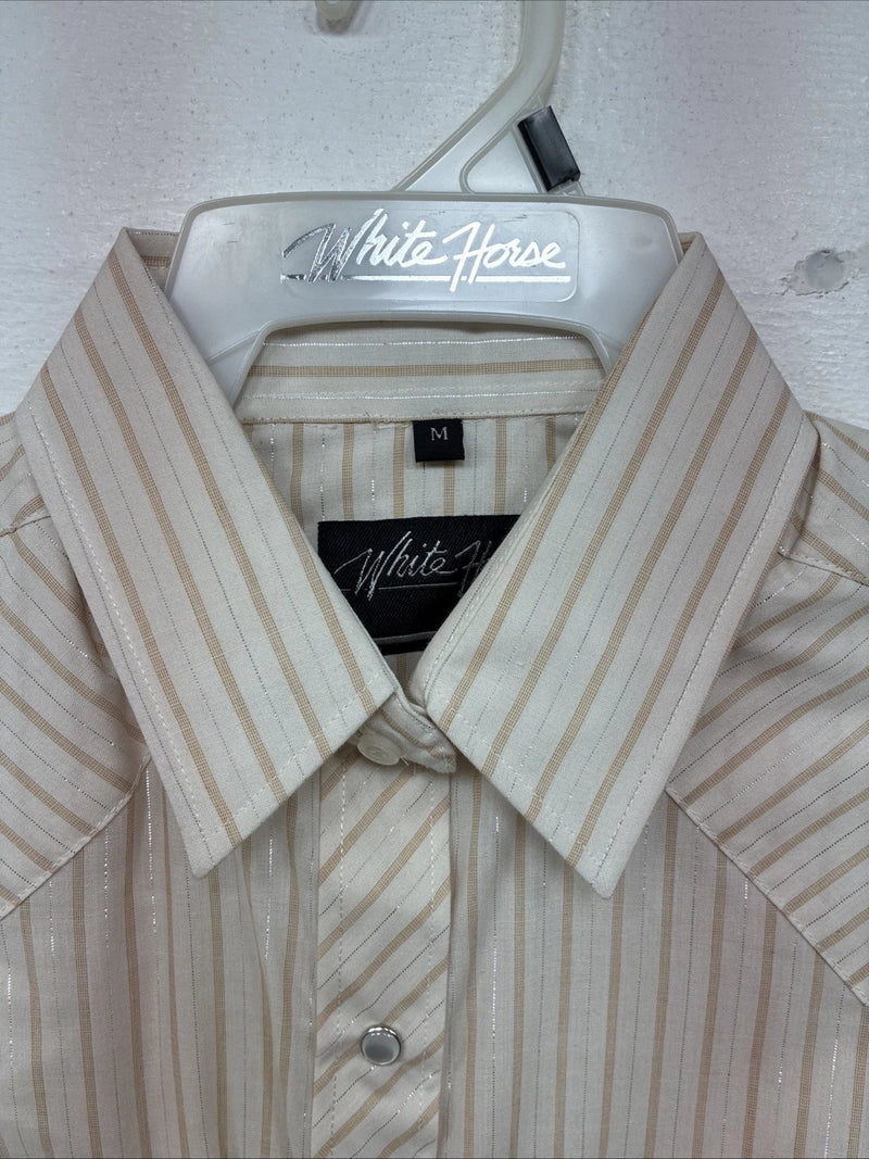 New Women’s White Horse Tan Stripe Long Sleeve Pearl Snap Medium YY-121