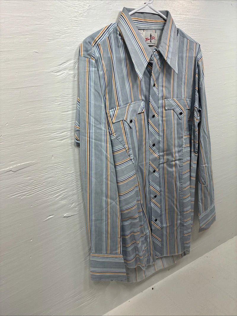 New Men’s Tem Tex Blue Yellow Stripe Long Sleeve Pearl Snap 16.5 Large V-23