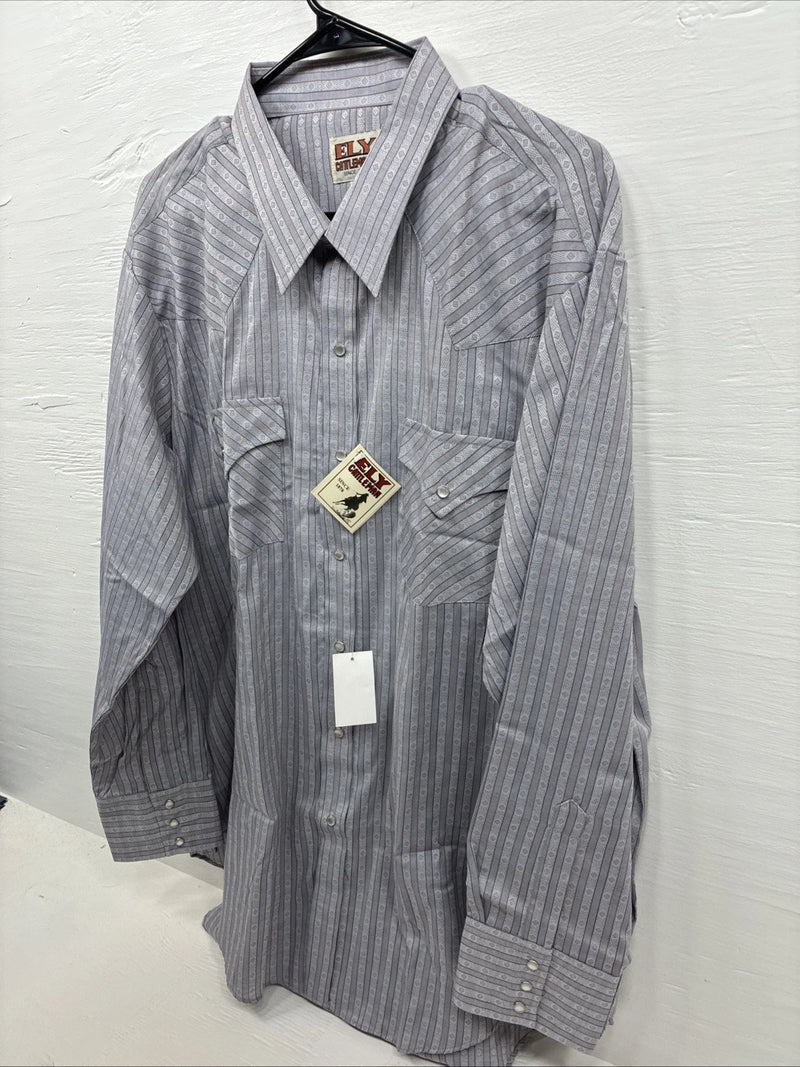 New Men’s ELY Cattleman Gray deigned Long Sleeve Pearl Snap 18 X 36 2XL F-74