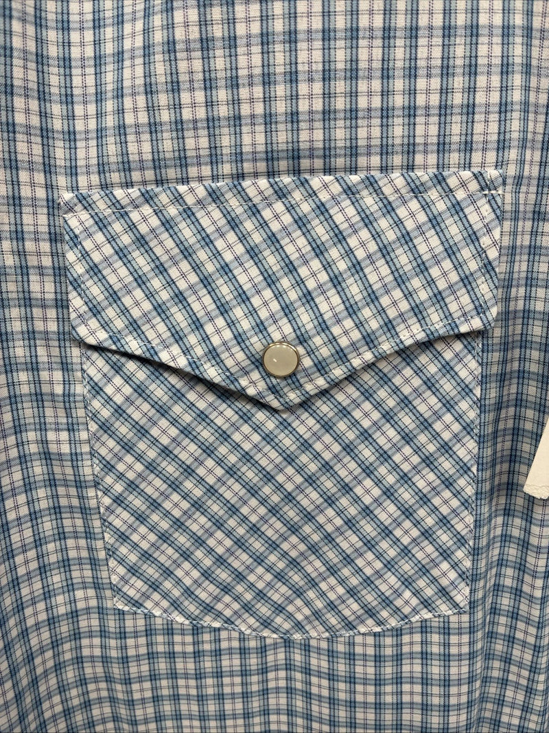 New Men’s White Horse Blue White Plaid Long Sleeve Pearl Snap XL R-71