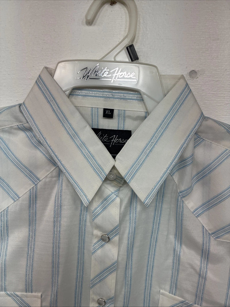 New Women’s White Horse White Blue Stripe Long Sleeve Pearl Snap XL GG-71