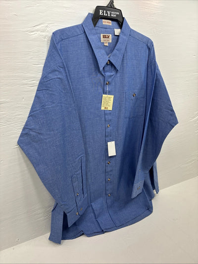 New Men’s ELY Cattleman Blue Long Sleeve Button Up 20.5 X 36 4XL E-99