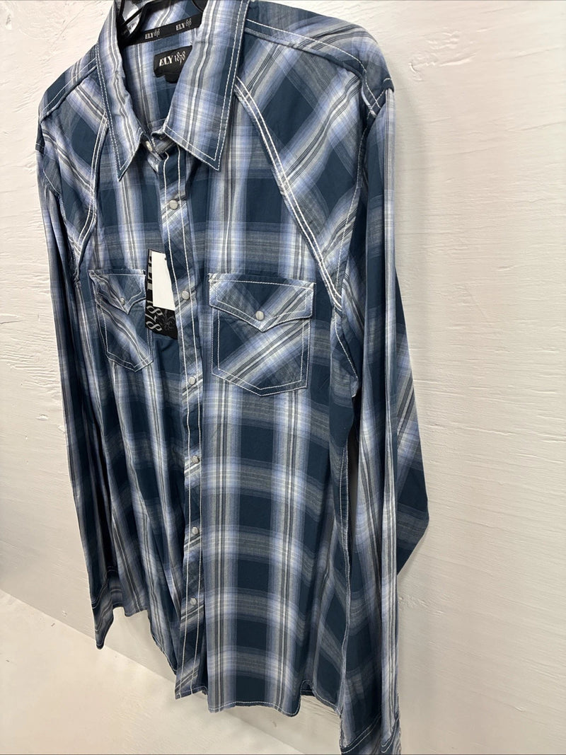 New Men’s ELY 1878 Blue Flannel Long Sleeve Pearl Snap 2XL H-56