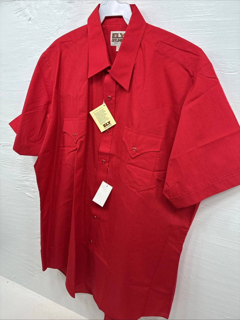 New Men’s ELY Cattleman Red Short Sleeve Pearl Snap 16.5 Large CC-2
