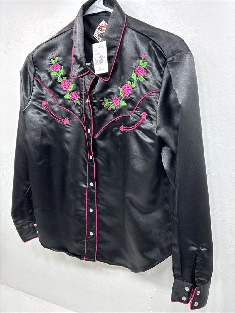 New Women’s Cumberland Black Rose Long Sleeve Pearl Snap Medium LL-86