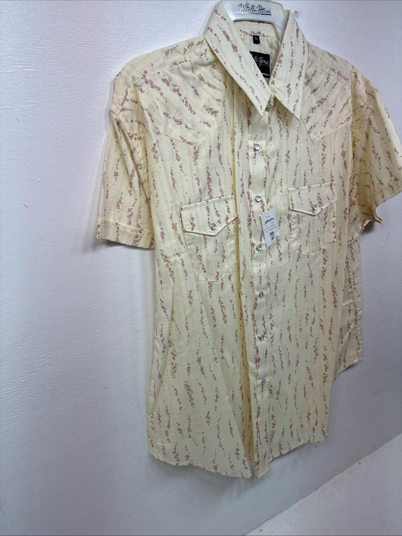 New Women’s White Horse Yellow Floral Short Sleeve Pearl Snap XL II-94