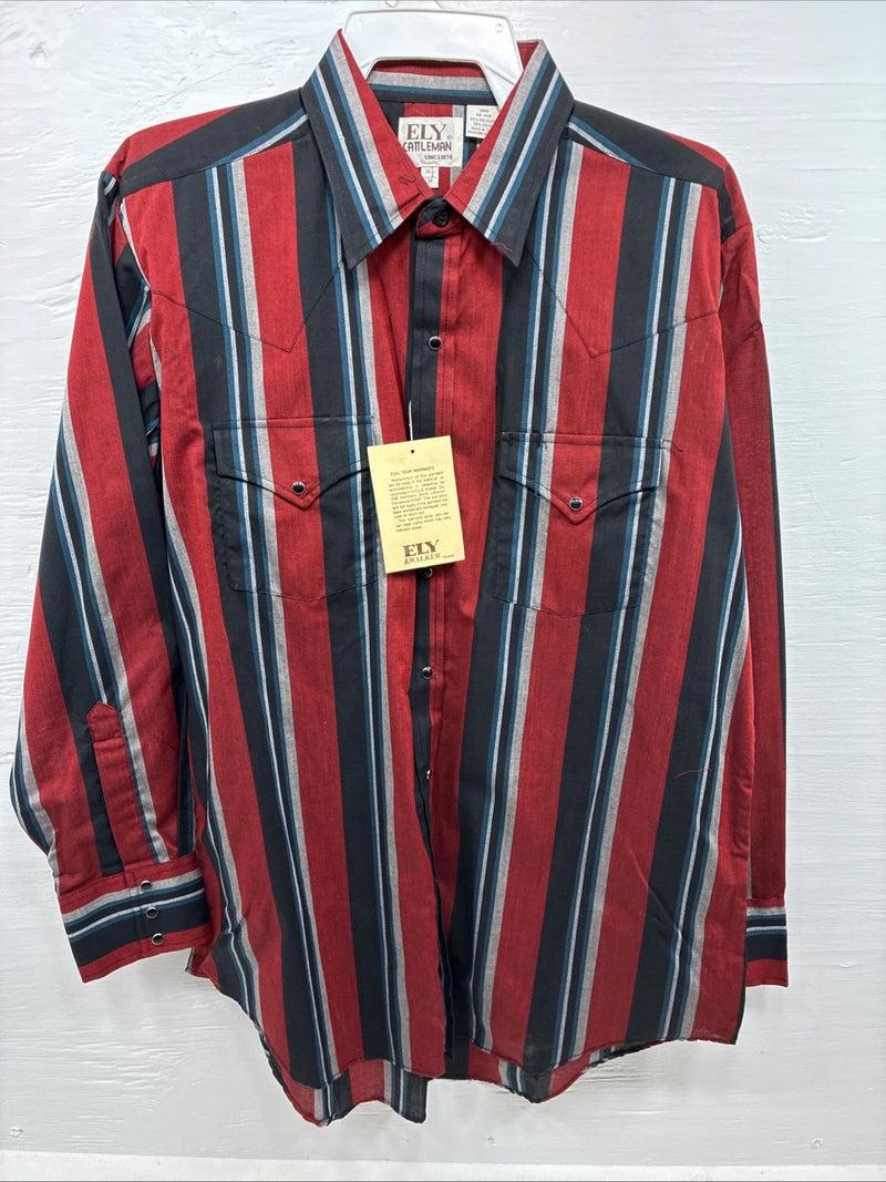 New Men’s ELY Cattleman Red Black Stripe Long Sleeve Pearl Snap 16.5 Large Q-33