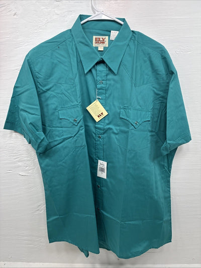 New Men’s ELY Cattleman Teal Short Sleeve Pearl Snap 17 XL M-41
