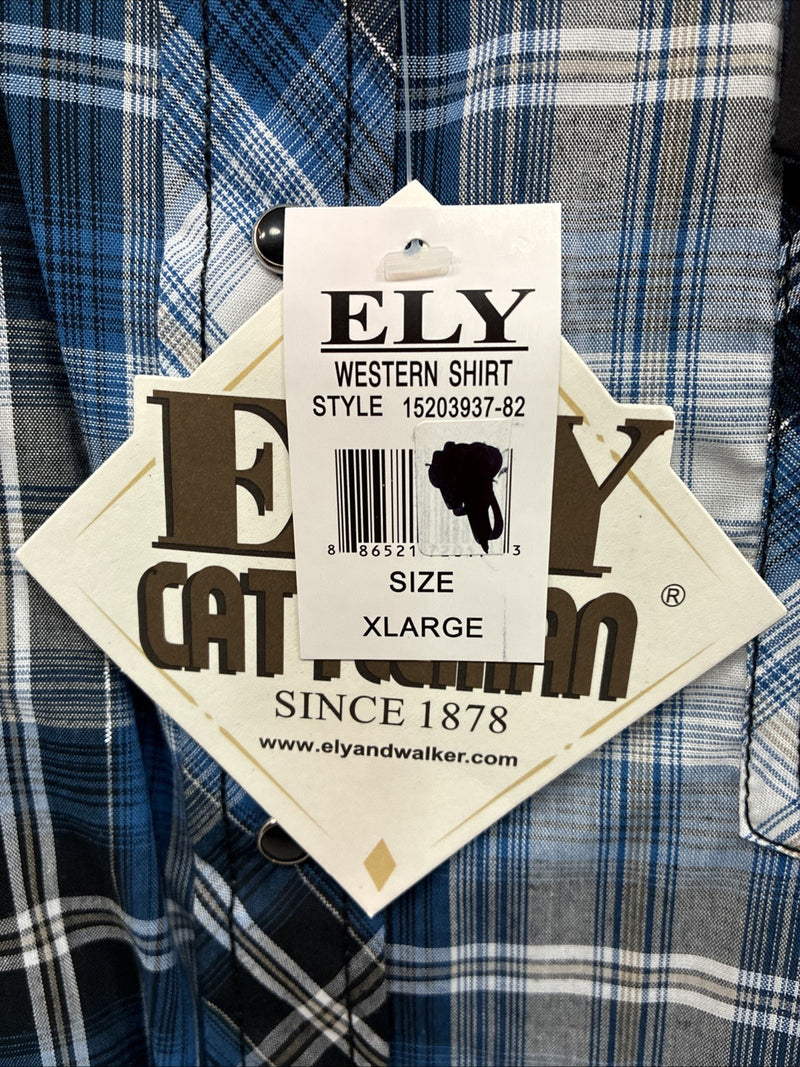 New Men’s ELY Cattleman Blue Black Flannel Long Sleeve Pearl Snap XL  H-64