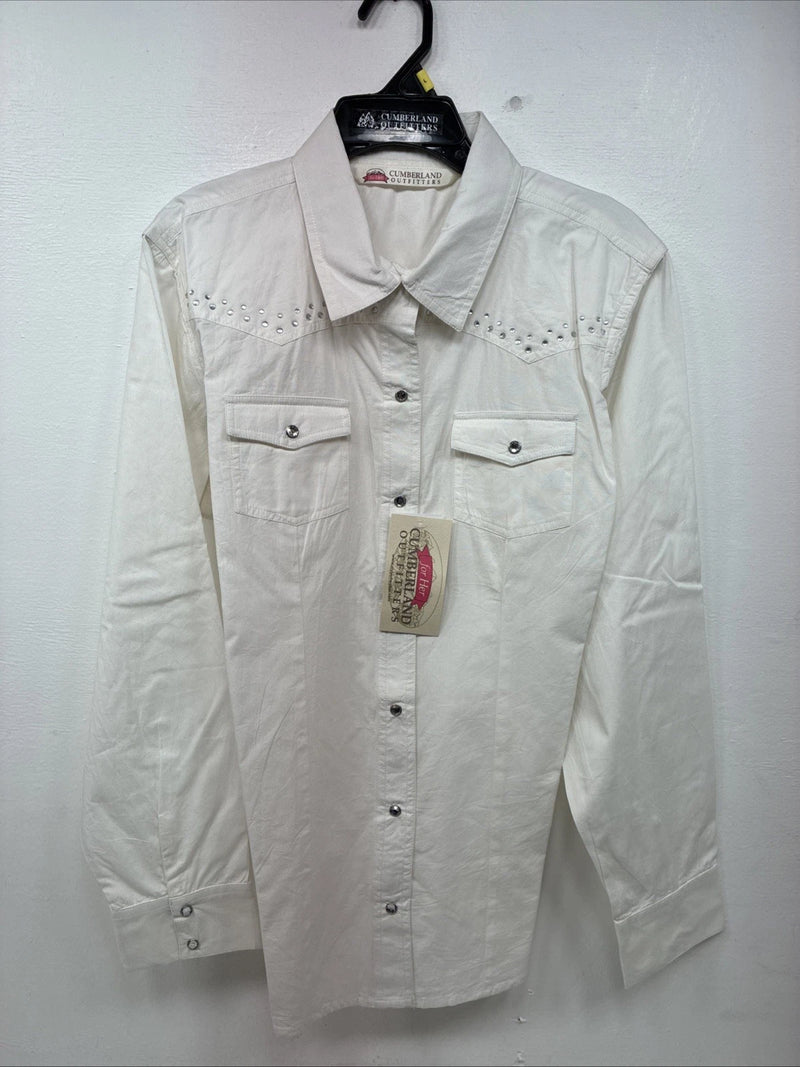 New Women’s Cumberland White Gem Long Sleeve Pearl Snap Large II-98
