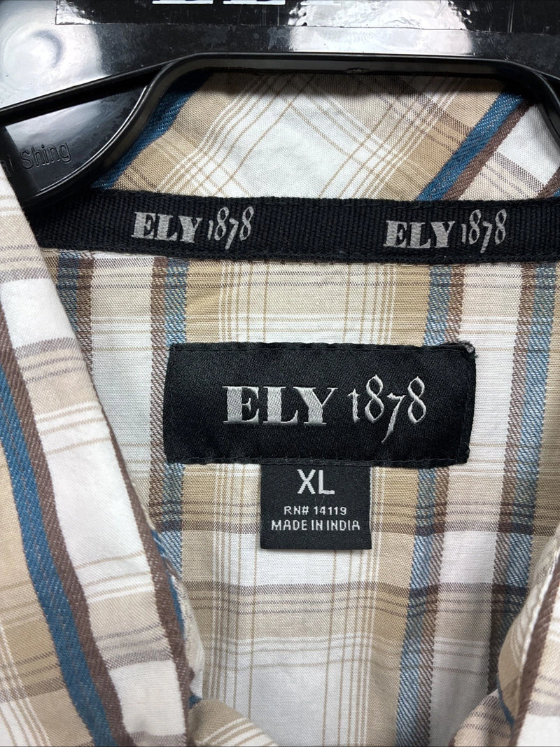 New Men’s ELY 1878 Brown Blue Plaid Long Sleeve Pearl Snap XL V-28
