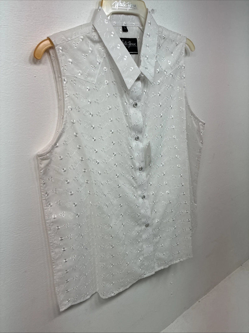 New Women’s White Horse White Designed Short Sleeve Pearl Snap Large II-88