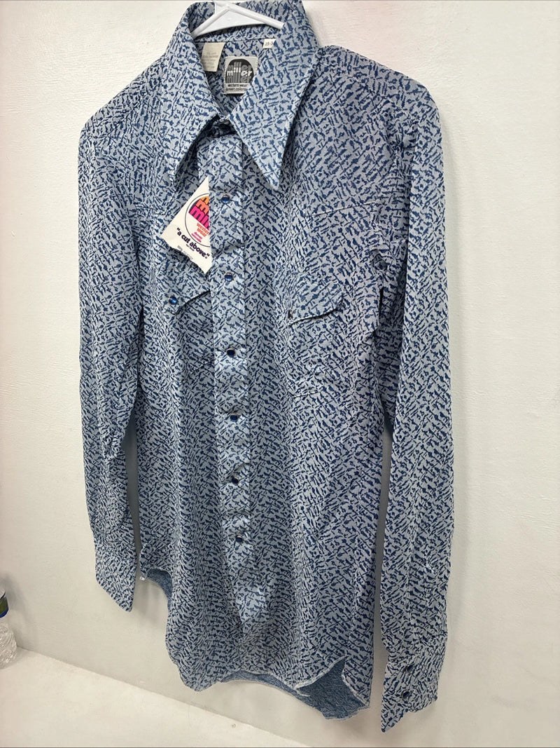 New Men’s Miller Blue Deigned Long Sleeve Pearl Snap 15 Medium II-104
