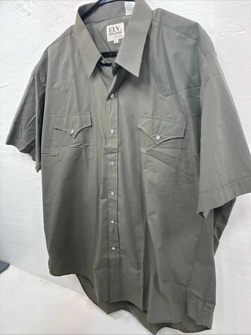 New Men’s ELY Cattleman Dark Siege Green Short Sleeve Pearl Snap 18.5 2XL M-28