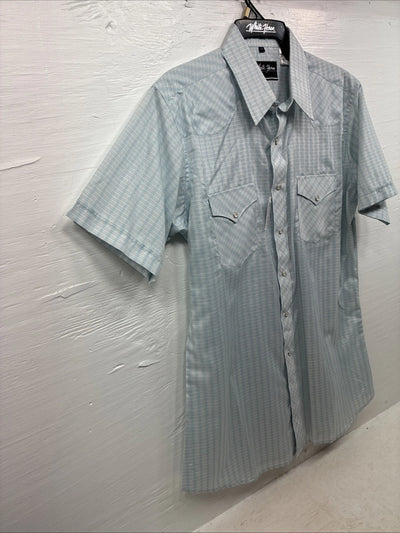 New Men’s White Horse Blue Plaid Short Sleeve Pearl Snap Large CC-46