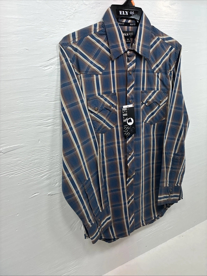 New Men’s ELY 1878 Blue Brown Plaid Long Sleeve Pearl Snap Medium J-89