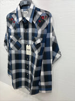 New Emma ELY Cattleman Blue Gray Plaid Long Sleeve Pearl Snap Large AA-16