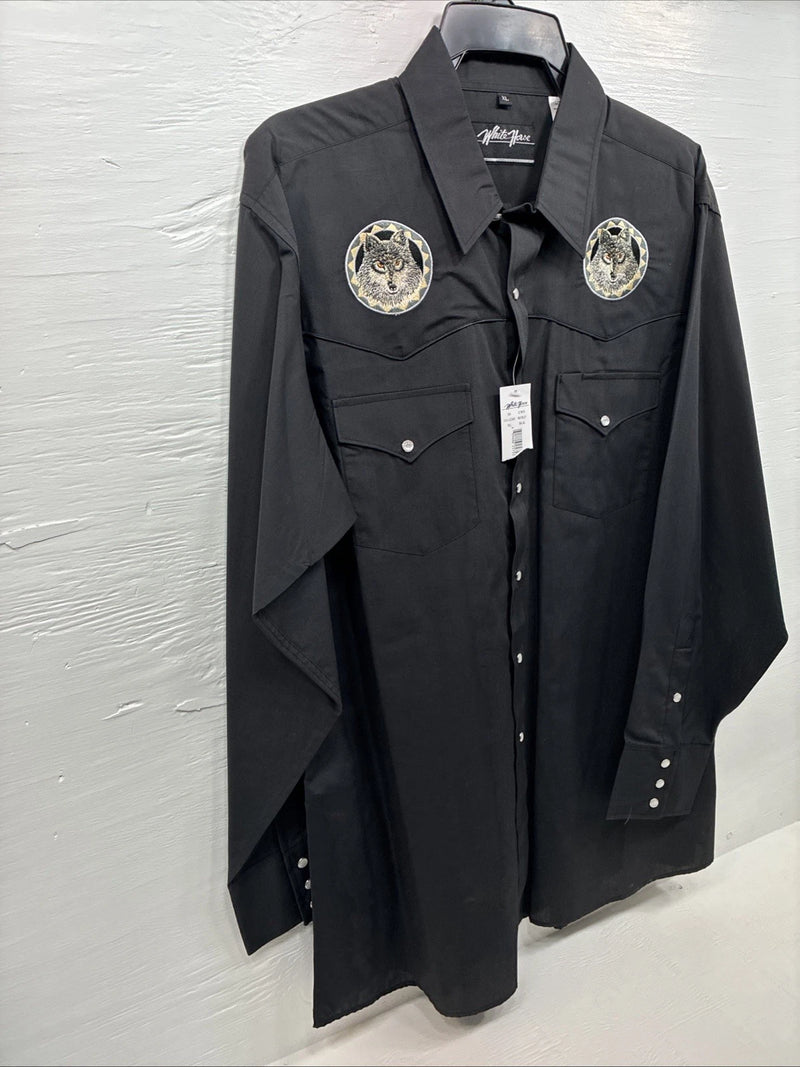 New Men’s White Horse Black Wolf Embroidered Long Sleeve Pearl Snap XL T-1
