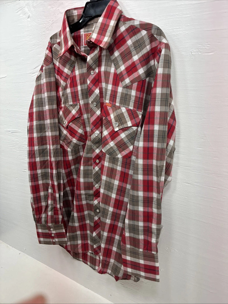 New Men’s ELY Plains Red Brown Plaid Long Sleeve Pearl Snap Medium X-42