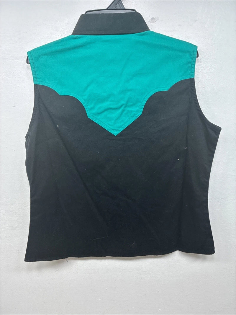 New Women’s Cumberland Black Blue Sleeveless Pearl Snap Small TT-138