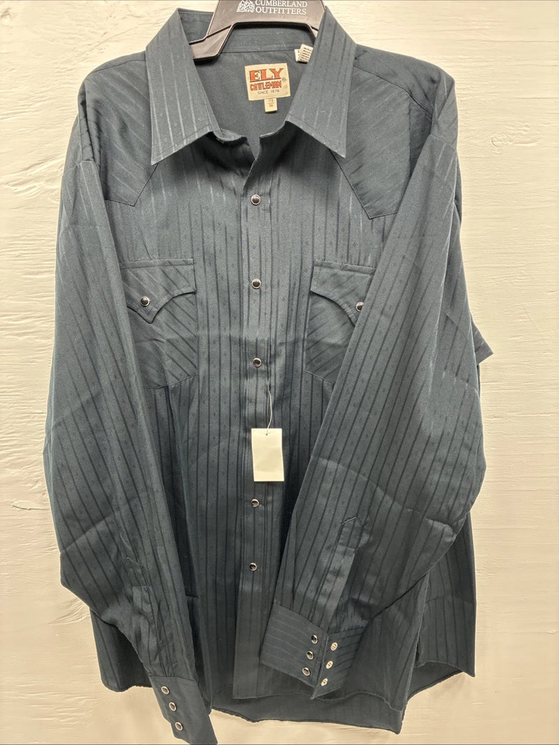 New Men’s ELY Cattleman Black Stripe Design Long Sleeve Pearl Snap 17.5 XL O-50