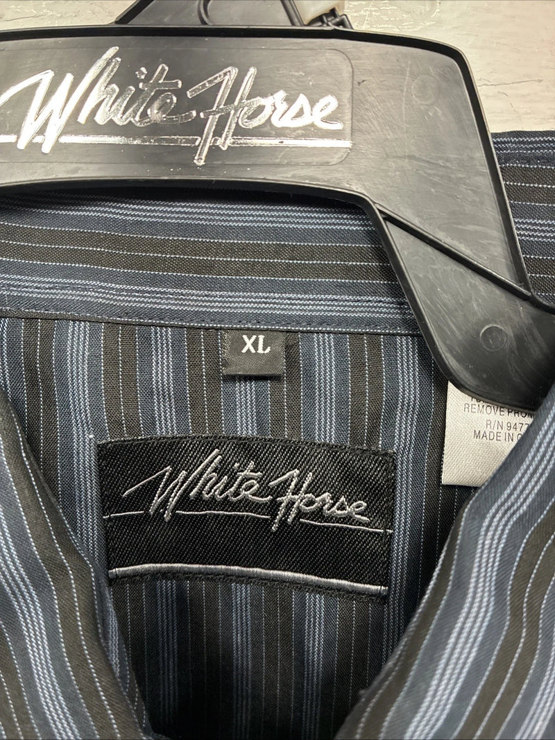 New Men’s White Horse Black Gray Stripe Long Sleeve Pearl Snap XL O-54