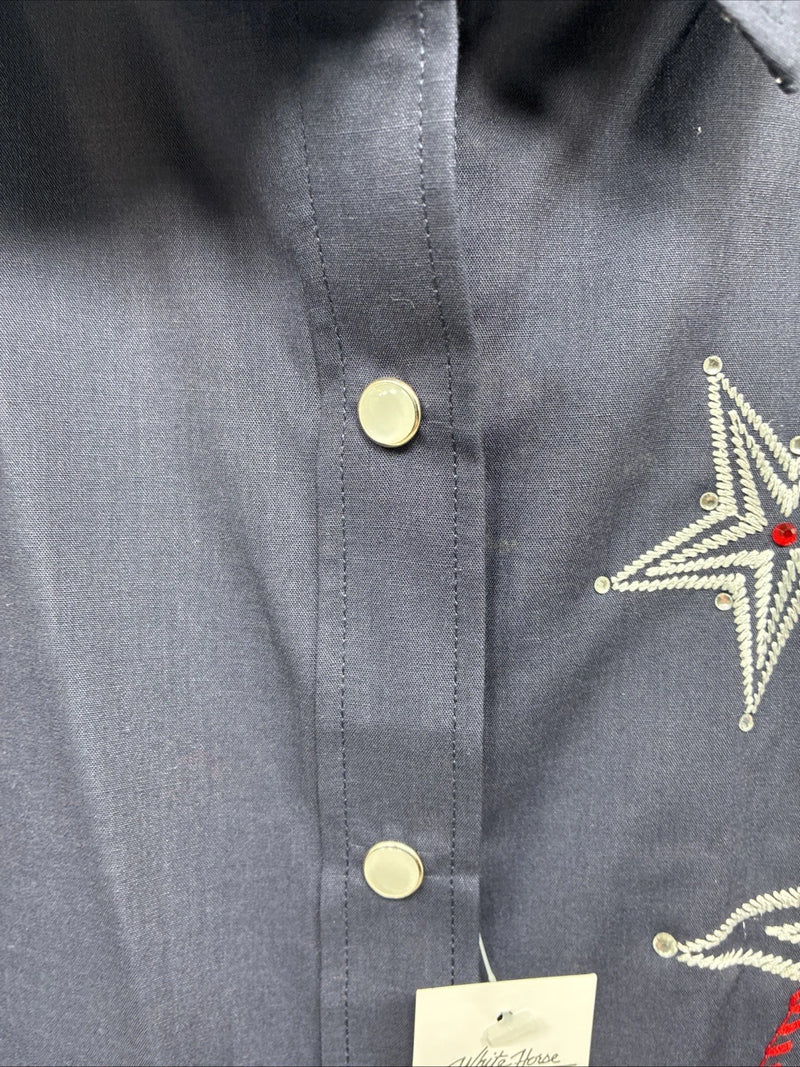 New Girls White Horse Blue Star Design Long Sleeve Pearl Snap Large CC-73