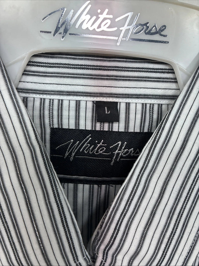 New Women’s White Horse Black Gray Stripe Long Sleeve Pearl Snap Large II-12