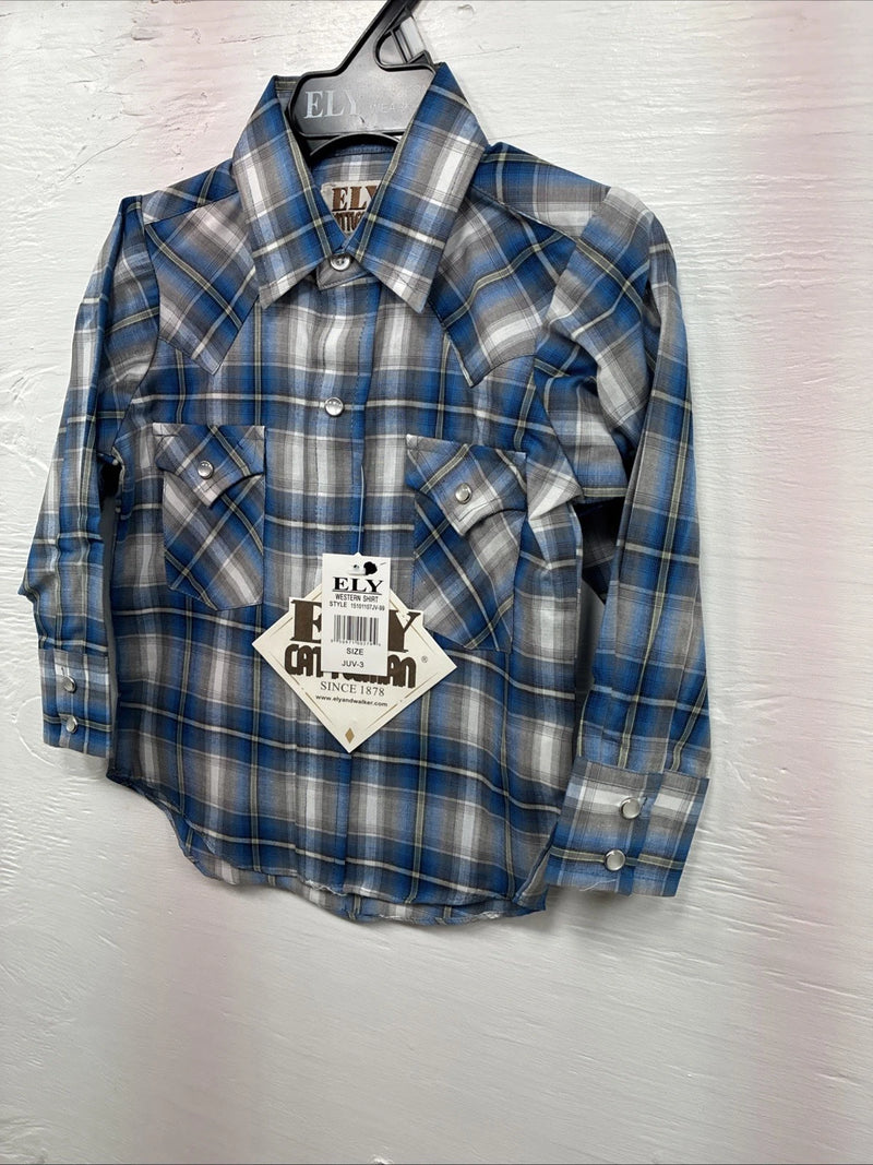 New Toddlers ELY Cattleman Blue Plaid Long Sleeve Pearl Snap JUV-3 DD-17