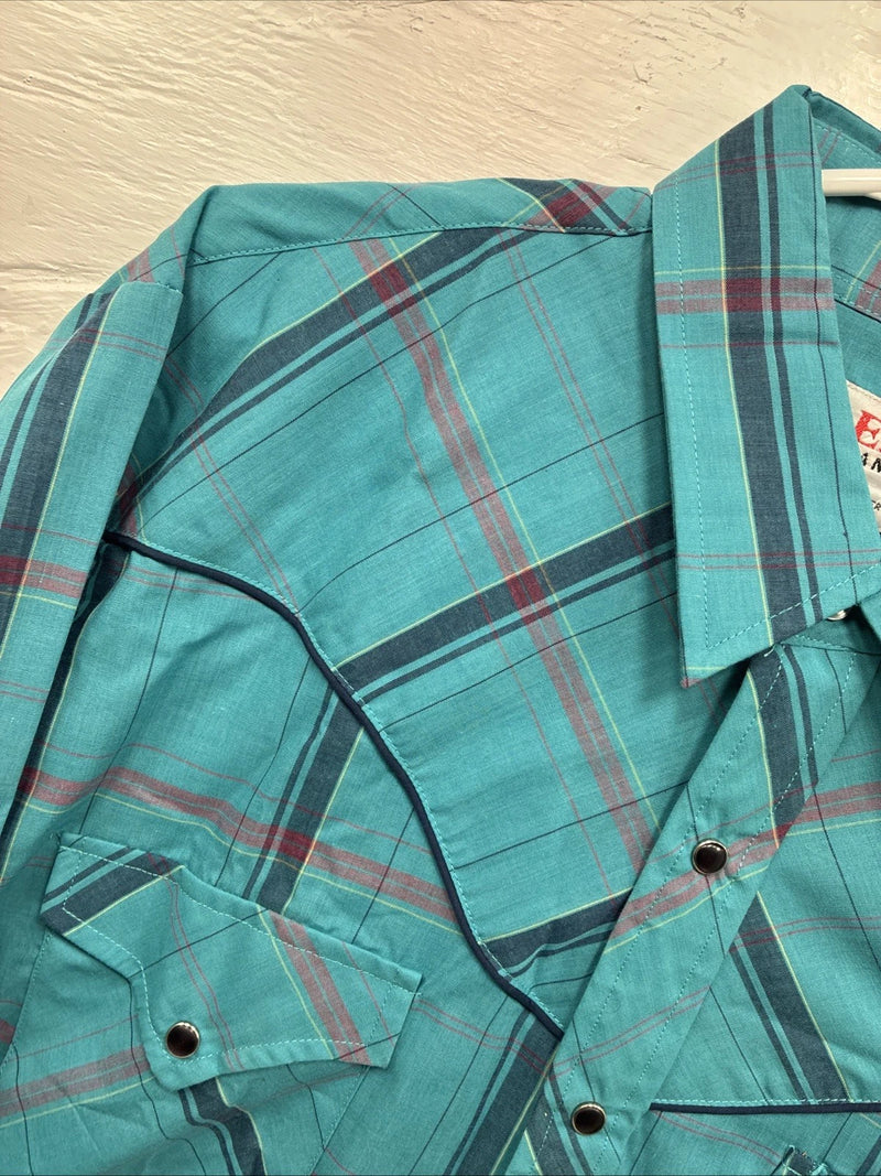 New Men’s ELY Diamond Blue Plaid Long Sleeve Pearl Snap Large X-73