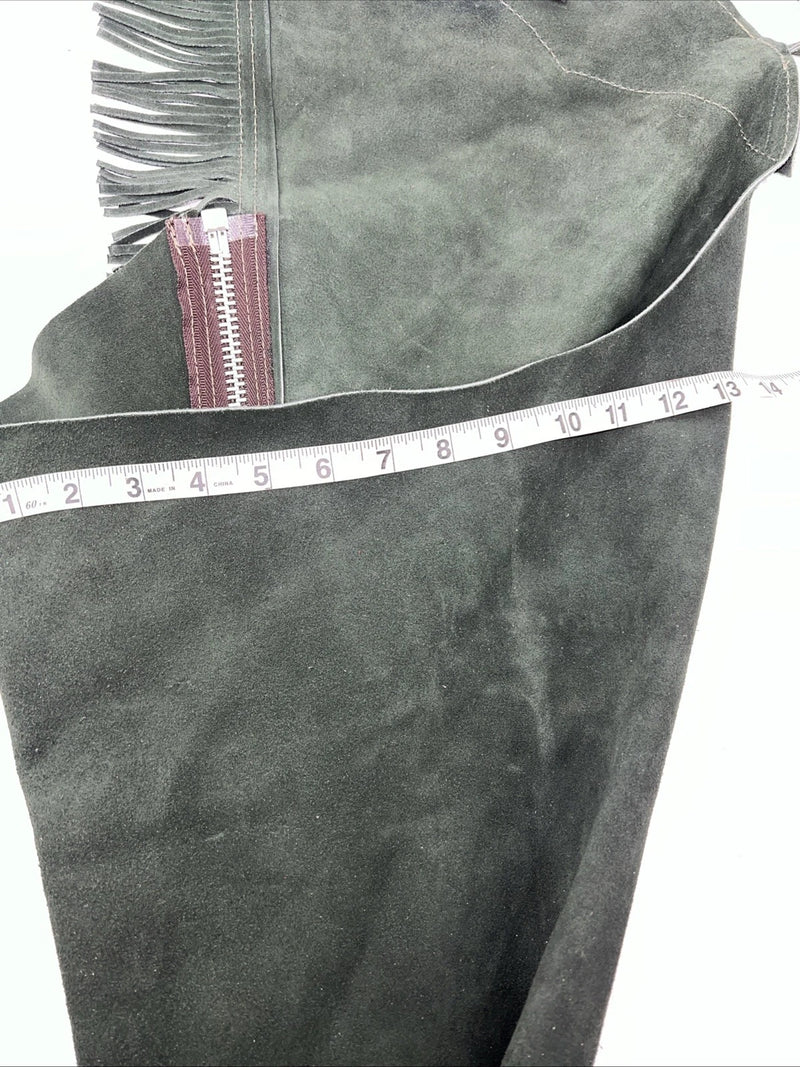 New Green Congress Leather Show Chaps With Fringe Adjustable Waist 51” N-26