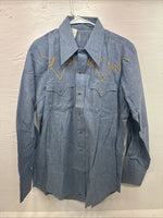 New Men’s Blue Jean Yellow Design Long Sleeve Pearl Snap 16.5 X 34 Large V-95
