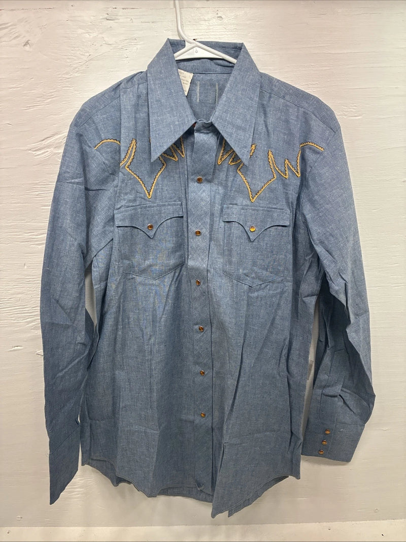 New Men’s Blue Jean Yellow Design Long Sleeve Pearl Snap 16.5 X 34 Large V-95