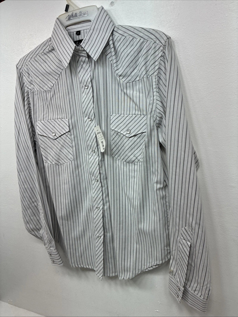 New Women’s White Horse Gray Stripe Long Sleeve Pearl Snap Small DD-117
