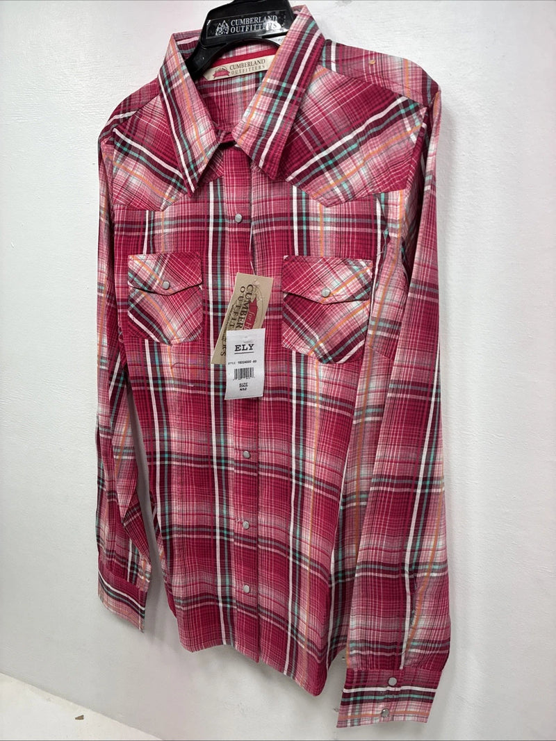 New Women’s Cumberland Pink Plaid Long Sleeve Pearl Snap Medium LL-66