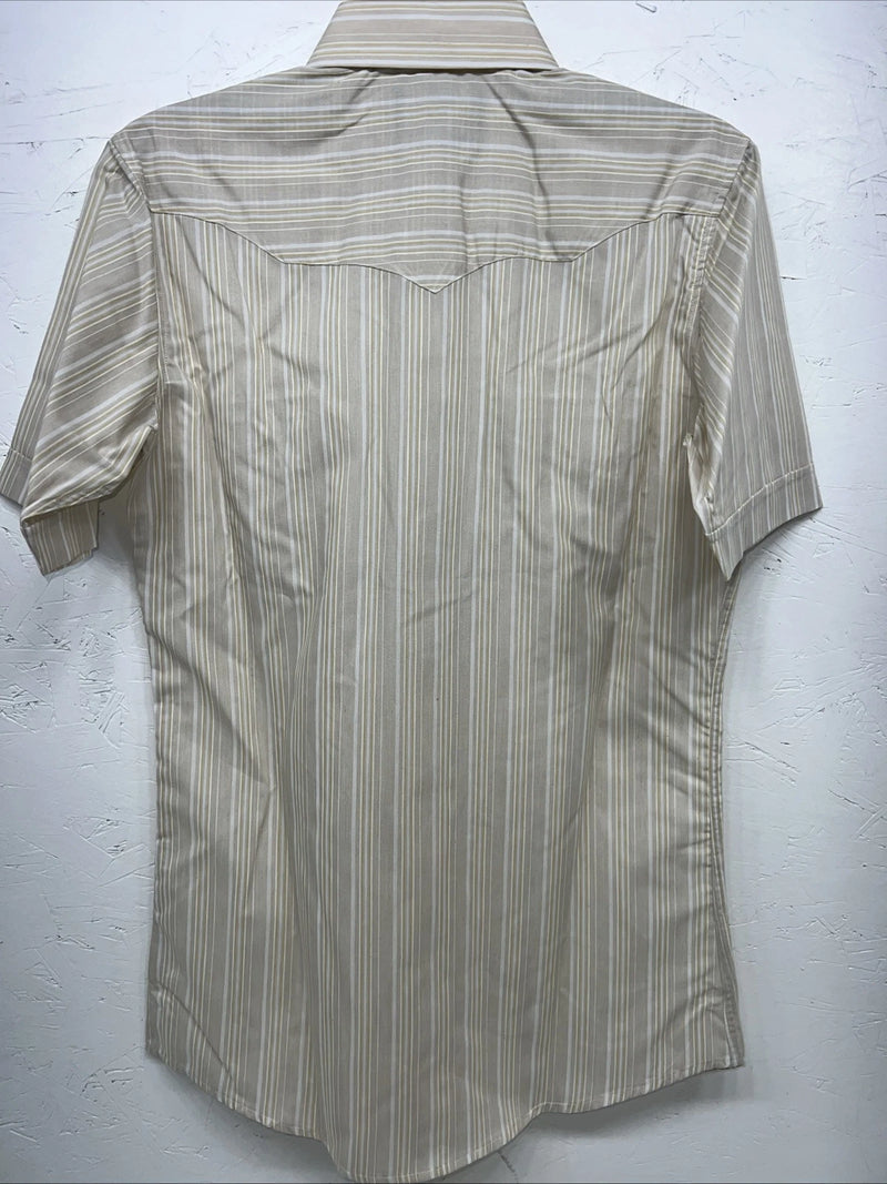 New Men’s White Horse Tan Striped Short Sleeve Pearl Snap Small B-40