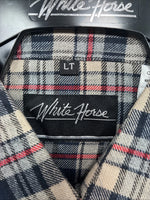 New Men’s White Horse Brown Blue Plaid Long Sleeve Pearl Snap Large Tall X-74