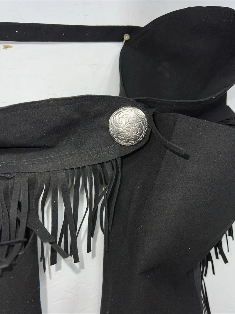 New Black Tough 1 Show Chaps With Fringe Adjustable Waist 43” Small N-42